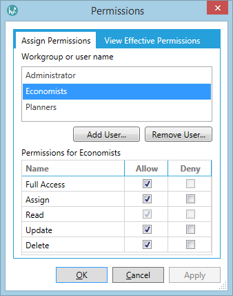 Permissions window